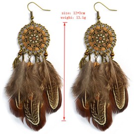 fdsmall Retro Feather Drop Earrings Faux Feather Earrings Bohemian Fringe Earrings Tassel Dangle Earrings Feather Earrings with Leaf and Rope Pendant and Round Dream Catcher Earrings, Alloy Steel, No