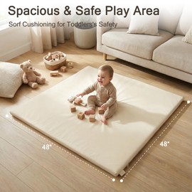 Funyoo Padded 48" ×48" Baby Play Mat for Floor, 1.2" Thick Memory Foam Playmat with Soft Vegan Leather Cover, Cushioned Playpen Mat for 50" x50" Playpens, Beige