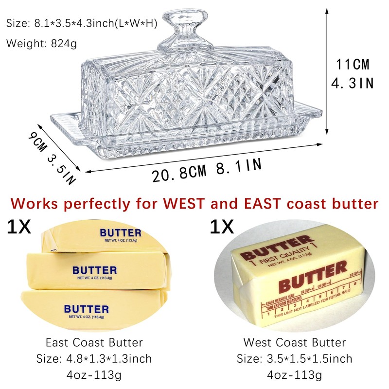 Crystal Covered Butter Dish,8inch Classic Glass 2-Piece Design Butter Keeper