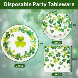 FYSUIMU St. Patrick’s Day Tableware Set Kit Serves 24 Shamrock Paper Plates and Napkins for Irish Holiday Birthday Party, 72Pcs