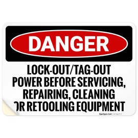 Lockout Tagout Power Before Servicing Repairing Cleaning Or Retooling Equipment OSHA Sign, 10x7 Inches, 4 Mil Vinyl Decal Stickers Weather Resistant, Made in USA