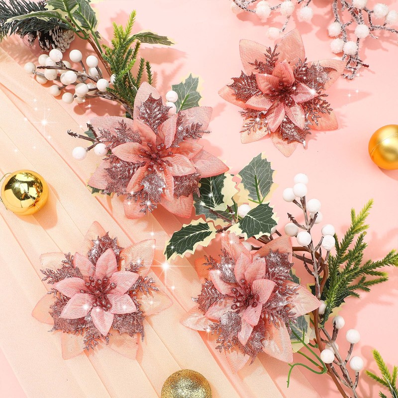 Glitter Christmas Poinsettia Artificial Xmas Flower Ornaments Flowers Decorations with