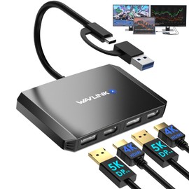 WAVLINK DisplayLink USB 3.0 or USB C to DisplayPort HDMI Adapter, Dual 5K/4K @ 60Hz 4IN1 Monitor Hub for Dell HP Surface, Compatible with Windows and Mac-Black