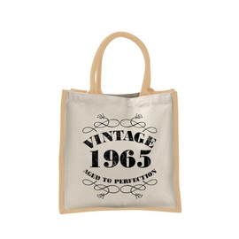 60th Birthday Tote Bag Gifts for Women - Cotton Jute Shoulder Bag, Reusable Bags for Shopping, Gift bags, Book Bag, Travel Bag, Shopper Bags - Vintage 1965 - NATURAL-S