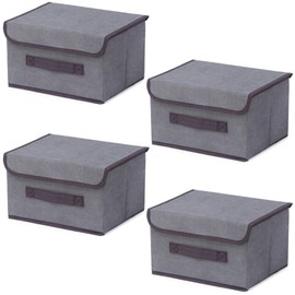 EURXLQ 4 Grey Foldable Storage Boxes with Lids 26 x 19 x 16 cm, Linen Fabric Foldable Storage Bin with Flip-Top Lid & Handles, Clothes Blanket Box for Home, Wardrobe