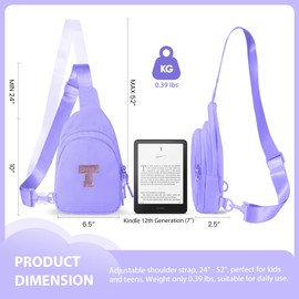 Bomvabe Crossbody Bag for Teenage Girls with Extender Strap 32"-52", Birthday Gift for 6 to 14 Year Old Girls, Sling Bag for Kids and Tweens, Lavender with Initials T