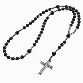 Men's Rosary Necklace - Tiger Eye & Black Obsidian Cross Pendant, Handmade Catholic Beaded Rosary for Men - Black Obsidian