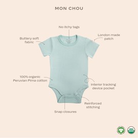 MON CHOU Short Sleeve Onesie 100% Organic Pima Cotton Bodysuit, Safety Pocket for Security Tracker, Baby Unisex-Sizes-0-24 Months