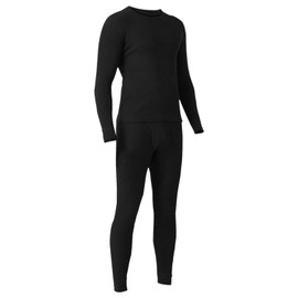 Men's Long Johns Thermal Winter Fleece Lined Cotton Top Bottom Base Layer Underwear 2 Pcs Set (Black, Large)