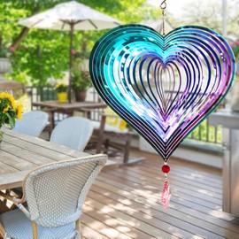 Dinoneyi Wind Spinner Outdoor Metal 3D Wind Spinner Hanging Yard Garden Decor Gifts Stainless Steel Heart Pattern Spinners with 360° Rotating Hook