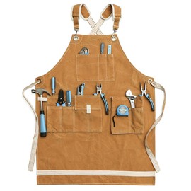 Jeanerlor Waxed Canvas Work Apron for Men with 11 Pockets Comfortable 12oz Washed Shop Apron Water-Resistant Tool Apron Adjustable L-XXXL (Yellowish Brown)