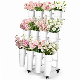 LEALIBAUSS 12 Buckets Flower Bar Stand,3-Tier Metal Flower Display Stand on Wheels,Mobile Flower Cart for Indoor & Outdoor Garden, Flower Shop, Wedding, Party Decor