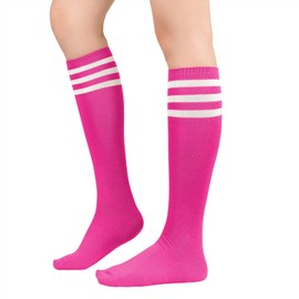 Women's Knee High Athletic Socks Stripes Tube Sport Socks Soft Strench High Socks for Women Outdoor Hot Pink White One Size