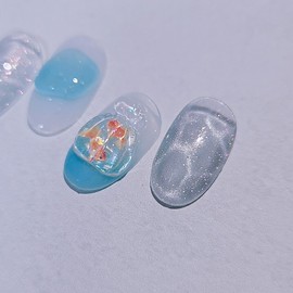 Water Meong Handmade Nail Tips Water Bag Goldfish Nail - Almond Long / 물멍 수제네일팁 물봉지 금붕어네일 - 아몬드롱