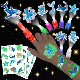 72 PCS Ocean Sea Party Favors – 48 PCS Tattoos & 24 PCS LED Finger Lights Combo – Birthday Goodie Bag Fillers, Party Supplies, Gifts Light Up Toys Glow In The Dark for Boys and Girls