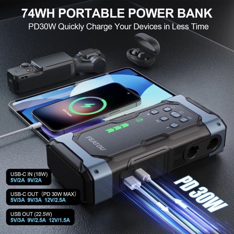 Featou 9000A Car Battery Jump Starter 24000mAh 12V Dual USB