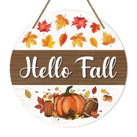 Hoblynth Hello Fall Sign for Front Door Decoration Fall Thanksgiving Wreaths for Home Decor Autumn Maple Leaves Pumpkin Door Hanger Rustic Farmhouse Wall Porch Hanging Decoration