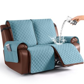 KinCam Waterproof Loveseat Recliner Cover, Non-Slip Reclining Couch Covers for 2 Seat, Recliner Sofa Cover Furniture Protector with Elastic Straps for Kids, Pets, Light Blue