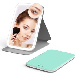 Mocado Travel Makeup Mirro with Lights, 360° Rotation Lighted Makeup Mirror, Portable Mirror with 10x Magnification, 60LEDs 3 Color Lightings, Dimmable Touch Screen, Tabletop Light up Mirror(Green)