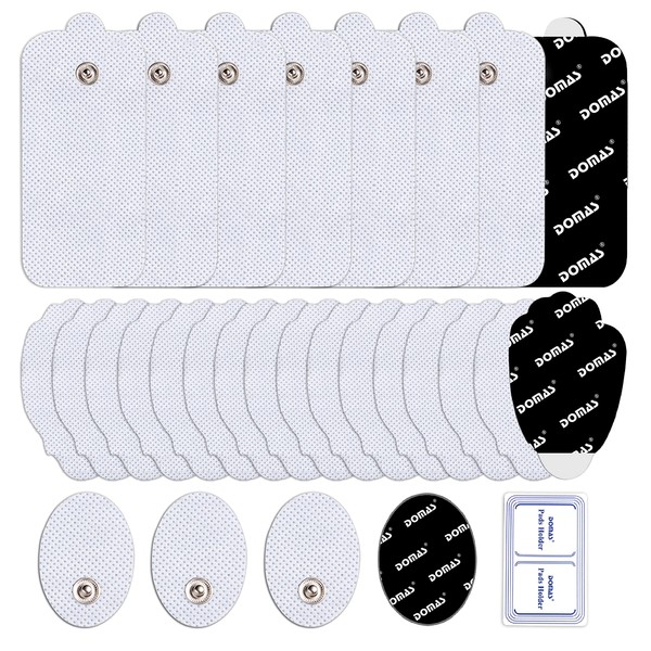 DOMAS 28 Pcs TENS Unit Replacement Pads Premium Reusable Electrode Pads（Snap On 3.5MM),Self Adhesive Electro Therapy Patches for Electrical Stimulation,Non Irritating Stim Pads Design