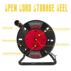 GREATIDE Heavy Duty Extension Cord Storage Reel with 4-Grounded Outlets, 10A Circuit Breaker, Retractable Hand Wind, Portable Empty Hand Crank Open Cord Reel for 12/3 14/3 16/3 Gauge Power Cord, Red
