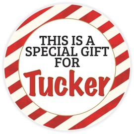 This is a Gift for Tucker - Circle Sticker Decal 3 Inch - Candy Cane Merry Christmas Gift Tag Present Tree Holiday Custom Name Santa Claus