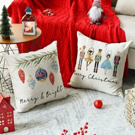 Artoid Mode Nutcrackers Leaves Bells Merry Christmas Cushion Covers Set of 2, 45x45 cm Decorative Pillow Case Cover Sofa Living Room Outdoor Decor