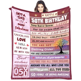 50th Birthday Blanket, 50 Years Old Gifts for Women, Happy 50th Birthday Gifts, Fun Lilac Red Wood Grain Women Throw Blanket Gift for Anniversary, Super Soft Warm Plush Flannel Fleece Blanket 60"X50"