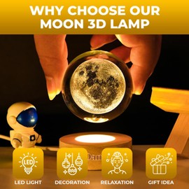 3D Moon Lamp Night Light USB Sphere Light Crystal Ball Wooden Base Cool Lamps for Bedroom Teen Girl Gifts Trendy Stuff Kids Night Light Globe Light Elegant Design Home Decor (Moon)