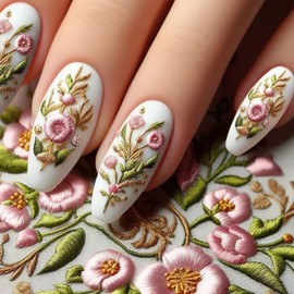 Spring Press on Nails Almond Fake Nails Pink Flower Glue Nails with Embroidery Design Reusable Full Cover Artificial Acrylic False Nails Press on Nails for Women Girls 24Pcs