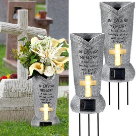 DoubleFill 2 Pcs Solar Cemetery Grave Vase with LED for Fresh Artificial Flowers Headstones Vases with Spikes Grave Decorations for Cemetery Grave Decor Memorial Gifts Loss of Loved One