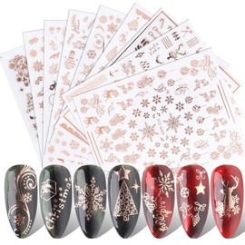 LANODO 9 Pcs Christmas Nail Stickers 3D Snow Flowers Reindeer Pattern Nail Art DIY Accessories Female Long Model Beautiful Nail Stickers (Color : Rose Gold/Rose Gold)