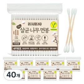 Viewend Vegan Wooden Cotton Swabs, 40, 100 Pieces / 뷰렌드 비건 나무 면봉, 40개, 100개입