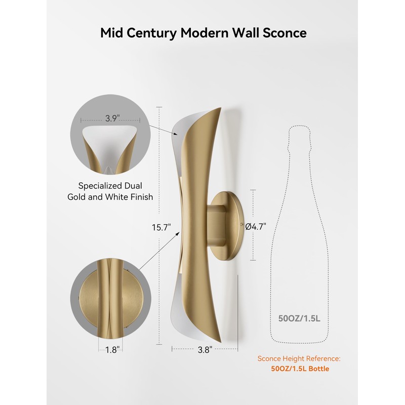 Tubicen Gold Wall Sconce Indoor Dimmable Mid Century Modern Up