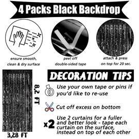 4 Pack Black Fringe Curtain Backdrop, 3.2Ft x 8.2Ft Metallic Tinsel Foil Fringe Streamers Curtains Background for Photo Booth Birthday Wedding Baby Shower Party Thanksgiving Christmas Decorations