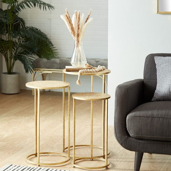 Deco 79 Metal Nesting Accent Table with Textures Tops, Set of 3 28", 24", 22"H, Gold