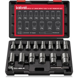 Kolvoii 16 PCS Deep Bolt Extractor Kit, 1/2" Drive Impact Bolt & Nut Remover Set, Lug Nut Removal Tool Stripped Extractor Socket Set for Removing Damaged, Rusted, Rounded-Off Bolts, Nuts, Screws
