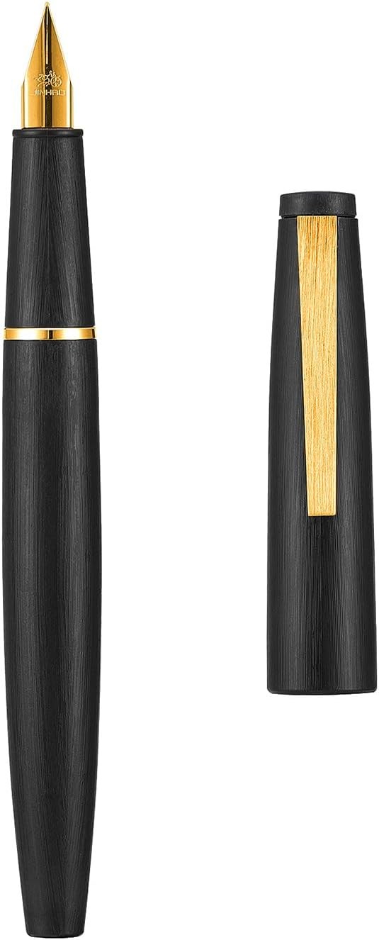 Jinhao 80 - Pluma estilográfica de fibra de carbono cepillada, punta fina de iridio, color café con clip dorado