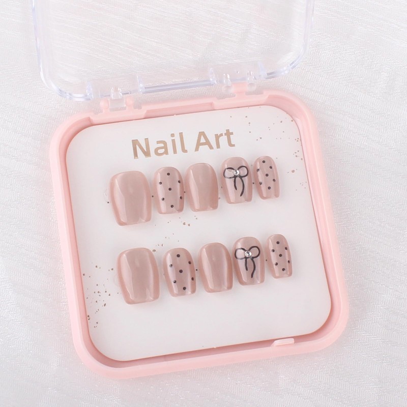 Handmade Nail Tips, French Nails, Set of 10, Bowknot Dots,