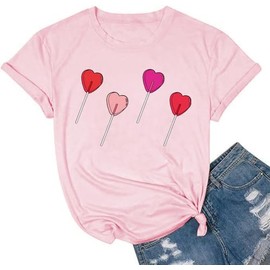 Valentines Shirts for Women Cute Love Heart Graphic Tees Short Sleeve Teacher Gift Tops(Lollipop, L)