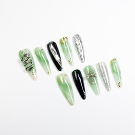 MAOLEETO 3D Almond Press on Nails, Long almond Fake Nails Dragons False Nails Middle Green Press on Nails for Women Girls Nail Art Decoration - Middle