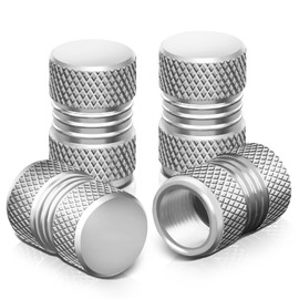 Auto Dynasty Tire Valve Stem Caps 4 Pieces 17mm Knurled Style Anodized Aluminum Silver Tire Universal Stem Covers for Cars, SUVs, Bike and Bicycle, Trucks, Motorcycles