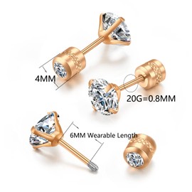 Flat Screw Back Stud Earrings,Safety Screw on Flatback CZ Earrings for Cartilage Helix Piercing for Women Men Hypoallergenic, 6mm CZ, Stainless Steel, Cubic Zirconia