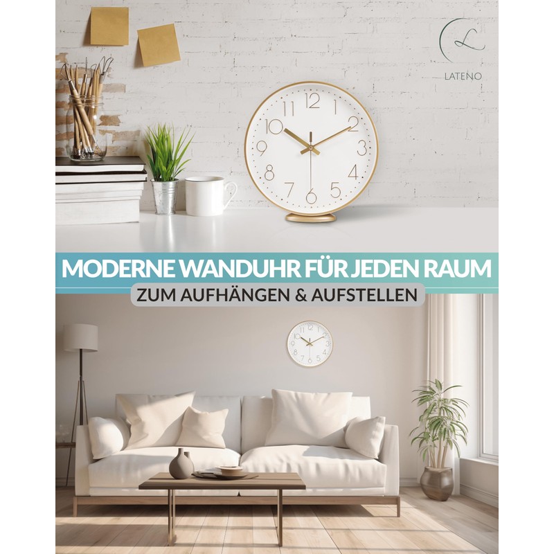 LATENO - Wall Clock for Standing or Hanging - Gold