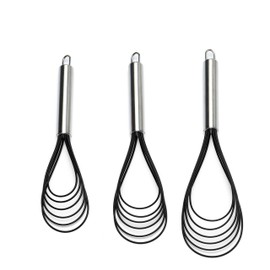 Flat Whisk Set,Stainless Steel 3 Pack 10''+11''+12'' Premium Sturdy-6 Silicone Heads Non Stick Wires Whisk for Blending Beating Stirring Kitchen Cooking by Jell-Cell (Black)