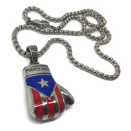 Papiichulo Puerto Rican Flag Boxing Glove Pendant with 24" Box Linked Stainless Steel Chain Necklace for Men (Red
