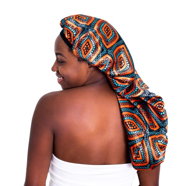 Snatched Flames Double Layered Satin Long Bonnet for Women with Braids, Dreadlocks, Wigs, or Natural Hair (Bonnet Only) (Ankara Orange and Blue)