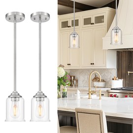 zeyu 2 Pack Modern Pendant Light Fixture, Brushed Nickel Hanging Light with Clear Glass for Kitchen Island Dining Room Bedroom Hallway Foyer, ZSL104MIL-2 BN