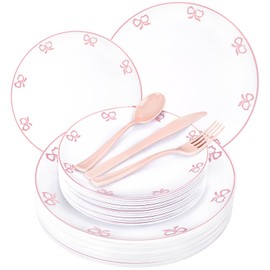 Joyido 125PCS Pink Bow Plastic Plates - White and Pink Rim Disposable Plates - 50 Elegant Plates with Bow knot Patterns, 25 Forks, 25 Spoons, 25 Knives for Birthday Baby Shower Wedding Party