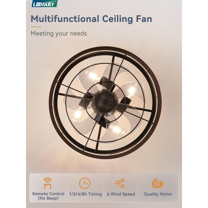 LEDIARY 18 inch Black Caged Ceiling Fan with Light, Bladeless